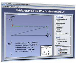 PhysProf - Wechselstrom - Wechselstromkreis - Widerstand - Widerstände - Reihenschaltung - Parallelschaltung - Kondensator - Spule - Leiterwiderstand - Strom - Stromkreis - Wechselstromberechnung - Widerstand berechnen - Gesetzmäßigkeiten - Reihe - Parallel - Induktivität - Kapazität - Frequenz - Kreisfrequenz - Stromstärke - Spannung - Wechselstrom - Wechselspannung - Rechner - Berechnen 