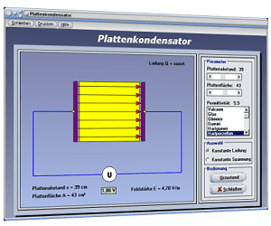 PhysProf - Feldstärke - Ladung Q - Elektrische Ladung - Spannung - Permittivität - Potenzialdifferenz - Oberflächenladung - Platten - Kondensator - Plattenabstand - Konstante Spannung - Konstante Ladung - Elektrisches Feld - Elektrische Feldstärke - Elektrische Feldkonstante - Elektrisches Potential - Ladungsdichte - Dieelektrikum - Dielektrizitätskonstante - Plattenkondensator - Rechner - Berechnen