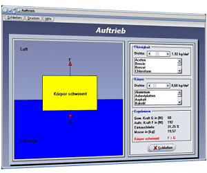 PhysProf - Auftrieb - Kraft - Auftriebskraft - Berechnen - Schweredruck - Hydrostatischer Druck - Gewichtskraft - Schwimmende Körper - Schwimmender Körper - Schwebender Körper - Volumen - Dichte - Wichte - Volumen - Eintauchtiefe - Experiment - Hydrostatisch - Hydrostatische Auftriebskraft - Hydrostatische Kraft - Rechner - Schwerkraft - Auftrieb in Flüssigkeiten - Wasser - Auftrieb in Wasser - Tiefe - Wassertiefe - Druck 