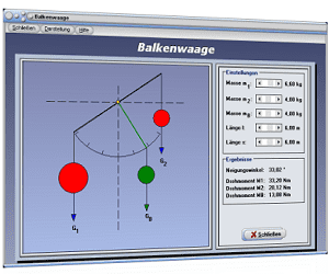 PhysProf - Balkenwaage - Waage - Hebelwaage - Aufbau - Wippe - Masse - Drehmoment - Winkel - Schwerpunkt - Drehpunkt - Drehwinkel - Lastarm - Neigungswinkel - Gleichgewicht - Momentengleichgewicht - Berechnen - Simulation - Animation - Bild - Grafik - Berechnung