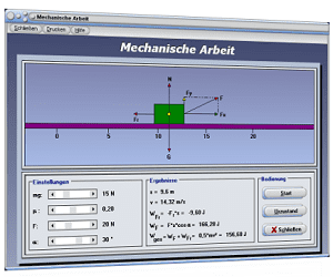 PhysProf - Mechanische Arbeit - Kraft - Arbeit - Reibung - Weg - Gewichtskraft - Ortsfaktor - Gravitationskraft - Reibungskraft - Reibungsarbeit - Mechanische Leistung - Rechner - Simulation - Berechnen