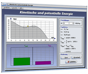PhysProf - Energieerhaltungssatz - Bewegungsenergie - Energie - Kinetische Energie - Potentielle Energie - Höhenenergie - Mechanische Energie - Energieerhaltung - Lageenergie - Diagramm - Rechner - Berechnen - Animation - Physik
