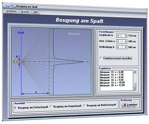 PhysProf - Beugung am Spalt - Beugung am Einzelspalt - Beugung am Doppelspalt - Beugung am Gitter - Einfachspalt - Mehrfachspalt - Wellenlänge - Minima - Maxima - Doppelspalt - Doppelspaltexperiment - Gitterkonstante - Beugungswinkel - Spaltbreite - Beugungsgitter - Rechner - Berechnen