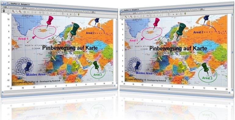 SimPlot - Pin - Bewegung - Karte - Landkarte - Grafik  - Simulieren - Animation - Grafiken - Berechnung - Zeichnen - Software