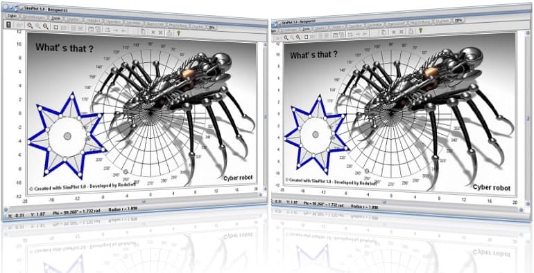 SimPlot - Grafik - Layout - Design - Software - Kreisbahn - Bewegung Steuerung - Gesteuert - Animiert - Grafik - Zeitorientiert - Zeitabhängig - PC - Computer - Kurve - Kreisdiagramm - Diagramm - Analyse - Steuerung - Technik - Technisch - Animationen