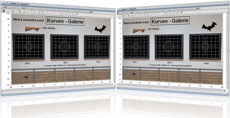 SimPlot - Grafiken - Layout - Aussehen - Form - Koordinaten - Bewegen - Simulieren - Drehen - Spiegeln - Rotieren - Verschieben - Drehung - Spiegelung - Rotation - Verschiebung - Geradenschar - Einseitig - Zweiseitig