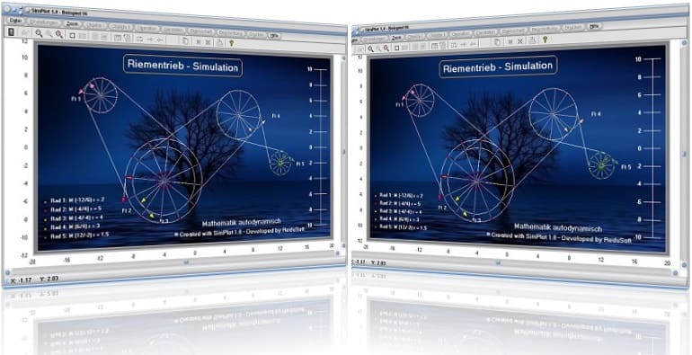 SimPlot - Riementrieb - Beschleunigte Bewegung - Gebremste Bewegung - Lineare Bewegung - Nichtlineare Bewegung - Grafik - Software - Programm - Graph - Beschleunigte Bewegung - Gleichförmige Bewegung - Bewegung auf Kreisbahn - Bild - Grafik - Rechner - Berechnen 