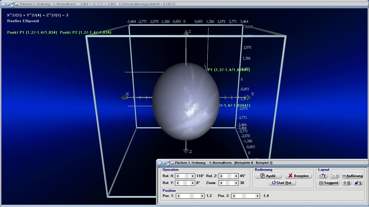 Flächen 2. Ordnung - Bild 1 - Fläche 2. Ordnung - Ellipsoid - Kegelschnitte - Raum - Dreidimensional - 3D - Hyperflächen - Quadrik - Quadriken - R3 - Darstellung - Quadriken plotten - Quadriken zeichnen - Rotationsellipsoid - Zeichnen - Grafik - Plotten - Raum - Räumlich - Darstellen - Graph - Rechner - Berechnen - Plotter