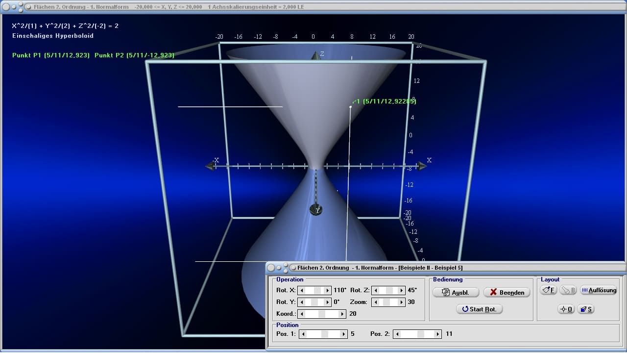 Flächen 2. Ordnung - Bild 2 - Rotationshyperboloid - Kegelschnitt - Rechner - Bild - Darstellen - Plotten - Berechnen - Grafisch - Zeichnen - Plotter - 3D-Plots - 3D-Plotter - Kegelschnittgleichung - Hyperboloide - Quadriken