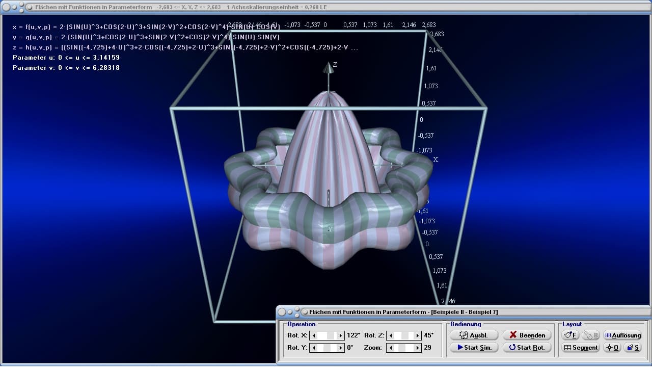 Flächen mit Funktionen in Parameterform - Bild 9 - Darstellung - Flächen in Parameterform - Grafiken von 3D-Flächen - Parameterdarstellung einer Fläche - 3D surface plot - Grafik - Raum - Surface - Plot - Graph - Plotter - Funktion - Rechner - Bilder - Plotten - Darstellung - Berechnung - Darstellen - 3D-Fläche