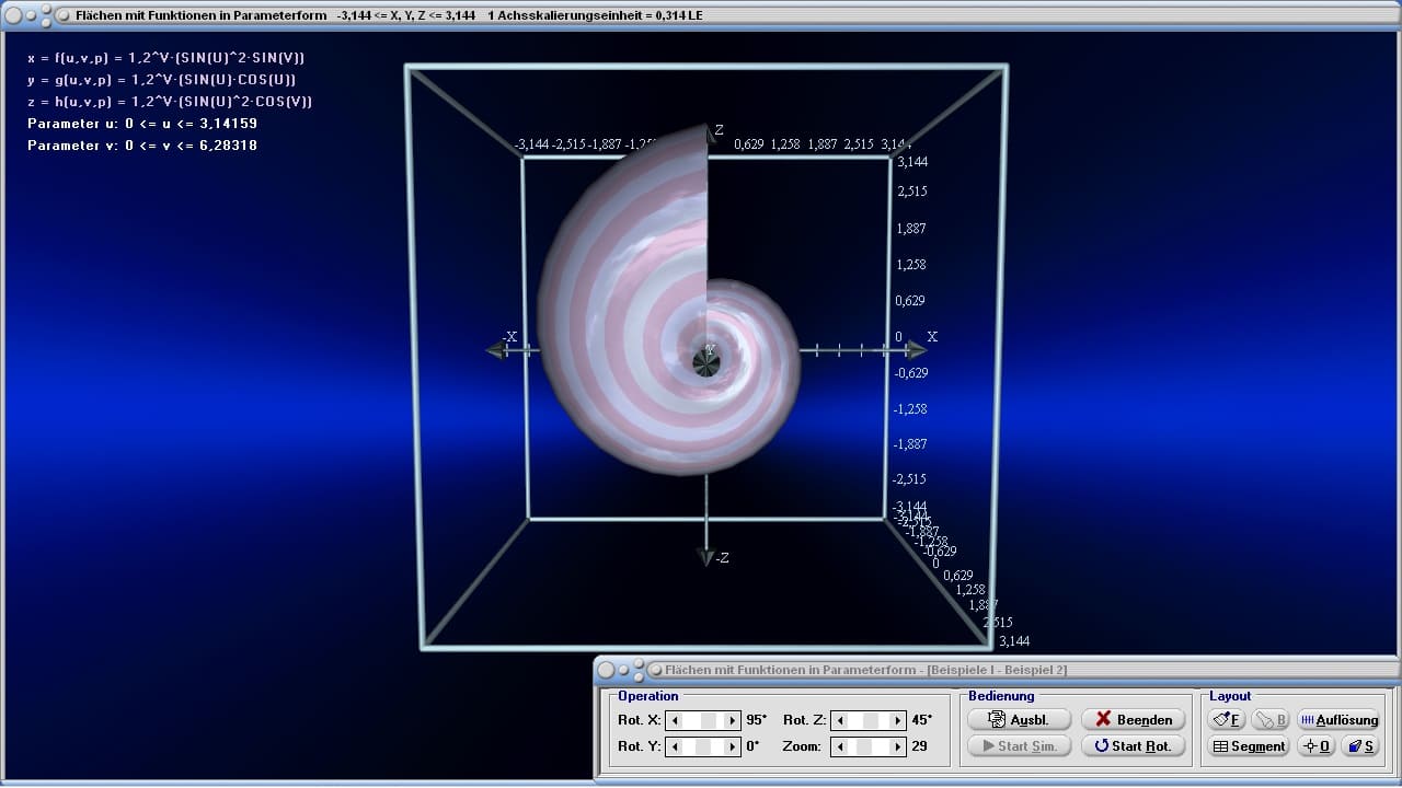 Flächen mit Funktionen in Parameterform - Bild 1 - Fläche - Raum - Funktion - Parameterdarstellung - Dreidimensional - 3D - R3 - Funktionsplotter - Mehrdimensionale Funktionen - Grafische Darstellung - Dreidimensionale Funktionen - Mehrere Variablen - x = f(u,v), y = g(u,v), z = h(u,v) - Graph - Plotter - Bilder - Plotten - Darstellung - Darstellen