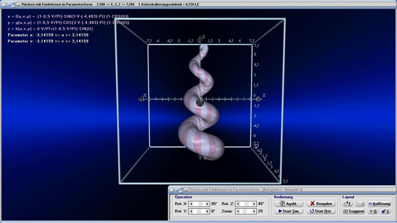 Flächen mit Funktionen in Parameterform - Bild 2 - Plotter - Schraube - Funktionen mit mehreren Variablen - 3D-Koordinatensystem - Funktionen mit 2 Variablen - 3D-Programm - Mathematik - Minimalflächen - Flächen im Raum - Parameterdarstellung - Gekrümmte Flächen - Funktionen mehrerer Veränderlicher - Graph - Bilder - Plotten - Darstellung - Darstellen