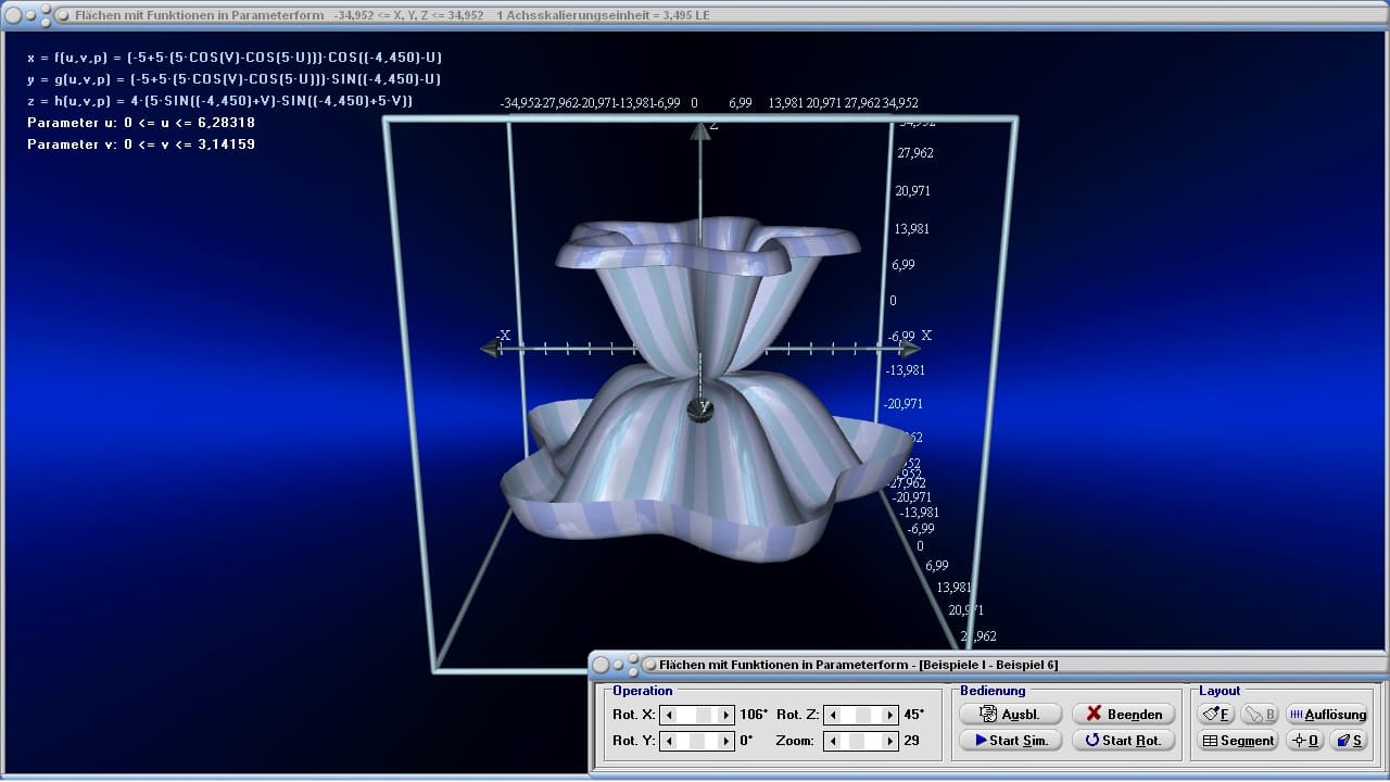 Flächen mit Funktionen in Parameterform - Bild 3 - Funktionen mit zwei Variablen - Regelfäche - Parametrisierte Flächen - Parametrische Flächen - Parametrisierung von Flächen - Gekrümmte Fläche - 3D-Surface plotter - 3D-Grafiken - Rechner - Graph - Plotter - Bilder - Plotten - Darstellung - Darstellen