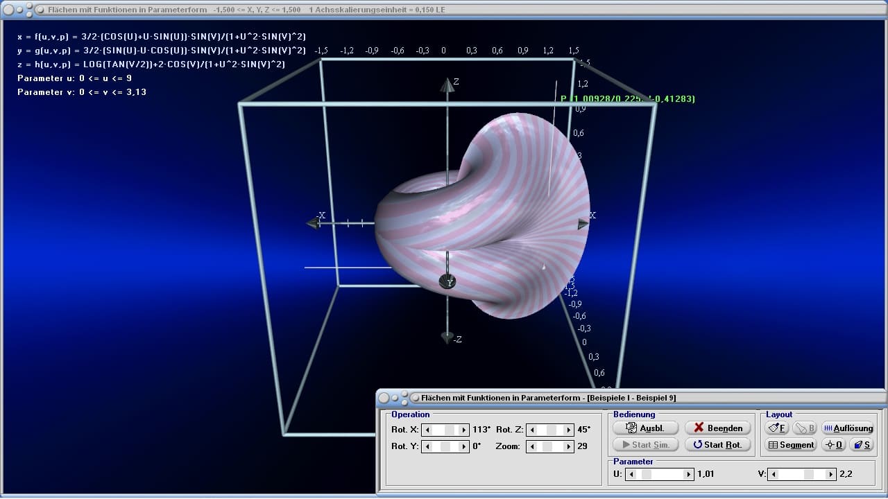 Flächen mit Funktionen in Parameterform - Bild 4 - Darstellung - Flächen in Parameterform - Grafiken von 3D-Flächen - Parameterdarstellung einer Fläche - 3D surface plot - Grafik - Raum - Surface - Plot - Graph - Plotter - Rechner - Bilder - Plotten - Darstellung - Berechnung - Darstellen - 3D-Fläche