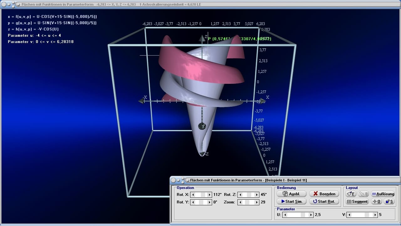 Flächen mit Funktionen in Parameterform - Bild 6 - Fläche - Funktion - x = f(u,v), y = g(u,v), z = h(u,v) - Parametrisiert - Parameterform - Rechner - Plot - Plotter - 3D-Fläche - Surface plot - 3D-Grafiken - Graph - Plotter - Bilder - Plotten - Darstellung - Darstellen