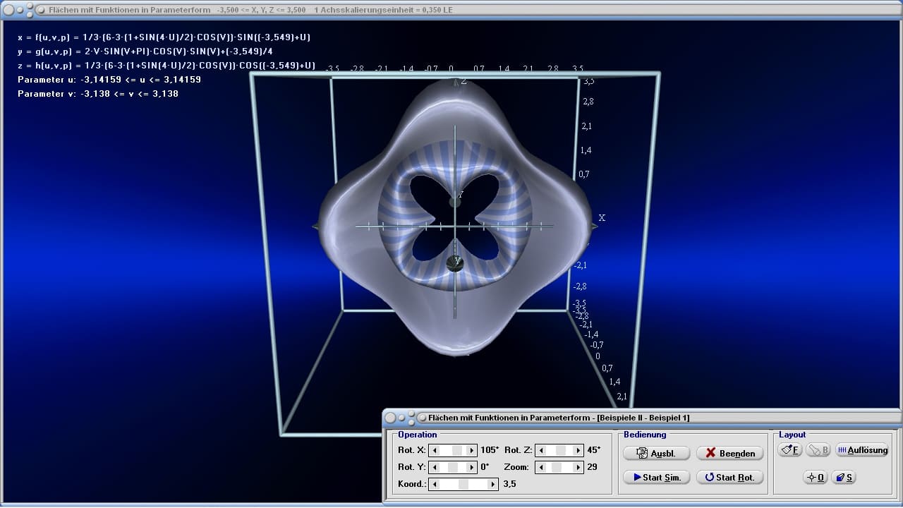 Flächen mit Funktionen in Parameterform - Bild 8 - Gekrümmte Fläche - 3D-Surface plotter - Funktionsplotter - 3D-Fläche - Plotter - Funktionen - 2 Variablen - Graph - Darstellen - Rechner - Parametrisierte Flächen - Parameter - Fläche - 3D - Raum - Räumlich