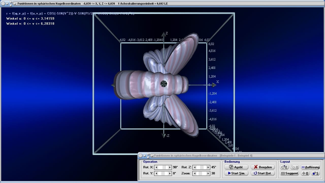 Funktionen in sphärischen Kugelkoordinaten - Bild 2 - Funktionen in sphärischen Koordinaten - Kugelflächenfunktion - Bilder - Darstellung - Eigenschaften - Berechnung - Rechner - Darstellen - Plotter - Rotation - Formel - Raumwinkel - Winkel - Graph - Plot - Plot3d  - Bild - Plotten - Berechnen - Grafik - Zeichnen - Plotter
