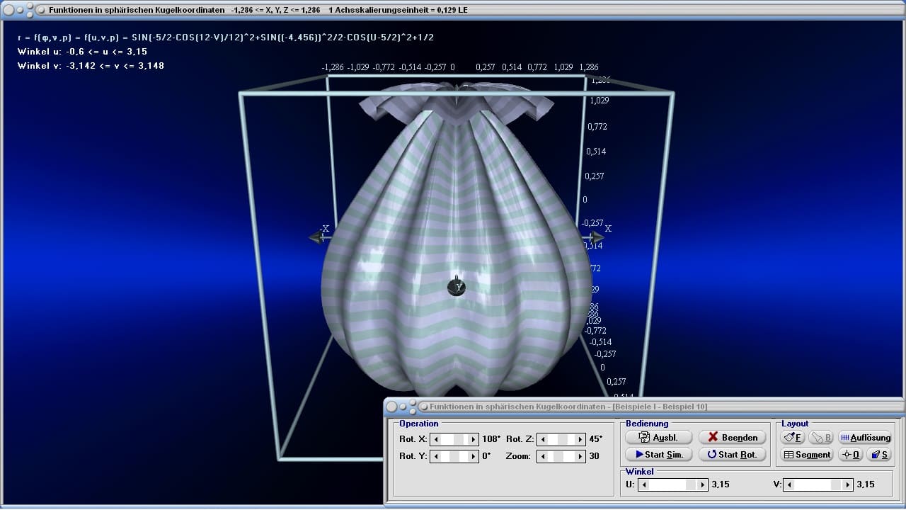 Funktionen in sphärischen Kugelkoordinaten - Bild 3 - Kugelkooridinaten - Dreidimensional - 3D - Graphen - Grafisch - Plotten - Funktionen - Mehrere Veränderliche - Sphärische Polarkoordinaten - Rotation - Flächen in   Kugelkoordinaten - Sphärische Koordinaten - Kartesische Koordinaten - Sphärisches Koordinatensystem - Bild - Darstellen - Graph - Rechner - Berechnen - Grafik - Zeichnen - Plotter