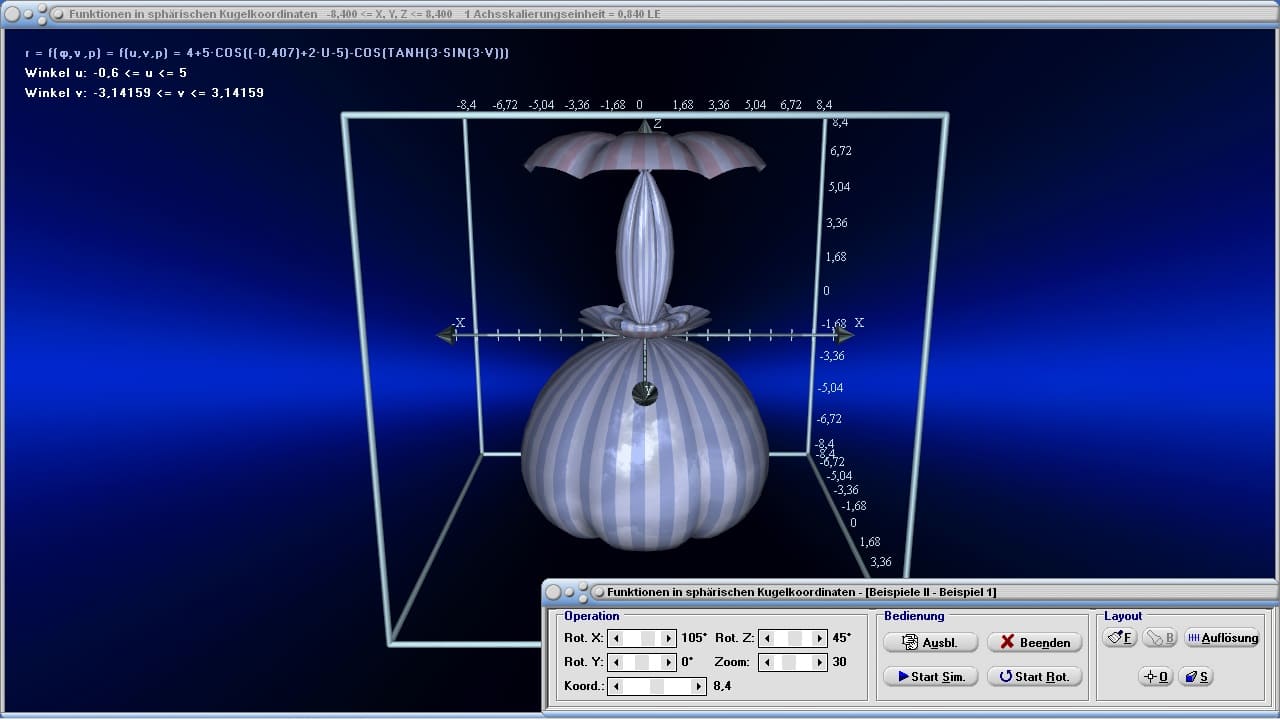 Funktionen in sphärischen Kugelkoordinaten - Bild 5 - Kugelkoordinaten - Funktionen - Flächen - Raum - Räumlich - 3D - 3D-Plotter - Darstellung - Gebilde - Sphärische Koordinaten - Graph - 3D-Flächen - Plotter - Krummlinige Koordinaten - Krummlinig - Fläche in Kugelkoordinaten - Funktion in Kugelkoordinaten - Raumwinkel - Koordinatensystem - Kugel - R3 - Koordinaten - Räumliche Polarkoordinaten - Koordinatentransformation - Volumenelement - 3D-Polarkoordinaten - Grafik - Zeichnen