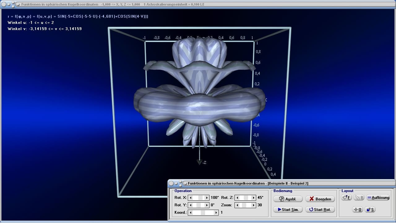 Funktionen in sphärischen Kugelkoordinaten - Bild 6 - Funktionen in sphärischen Koordinaten - Raum - Räumlich - 3D - Kugelflächenfunktion - Bilder - Darstellung - Eigenschaften - Berechnung - Rechner - Darstellen - Plotter - Rotation - Formel - Raumwinkel - Winkel - Graph - Plot - Plot3d  - Bild - Plotten - Berechnen - Grafik - Zeichnen - Plotter