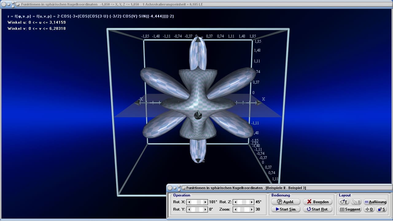 Funktionen in sphärischen Kugelkoordinaten - Bild 1 - Kugelkoordinaten - Funktionen - Flächen - 3D-Plotter - Darstellung - Gebilde - Sphärische Koordinaten - Graph - 3D-Flächen - Plotter - Krummlinige Koordinaten - Krummlinig - Fläche in Kugelkoordinaten - Funktion in Kugelkoordinaten - Raumwinkel - Koordinatensystem - Kugel - R3 - Koordinaten - Räumliche Polarkoordinaten - Koordinatentransformation - 3D-Polarkoordinaten - Grafik - Zeichnen