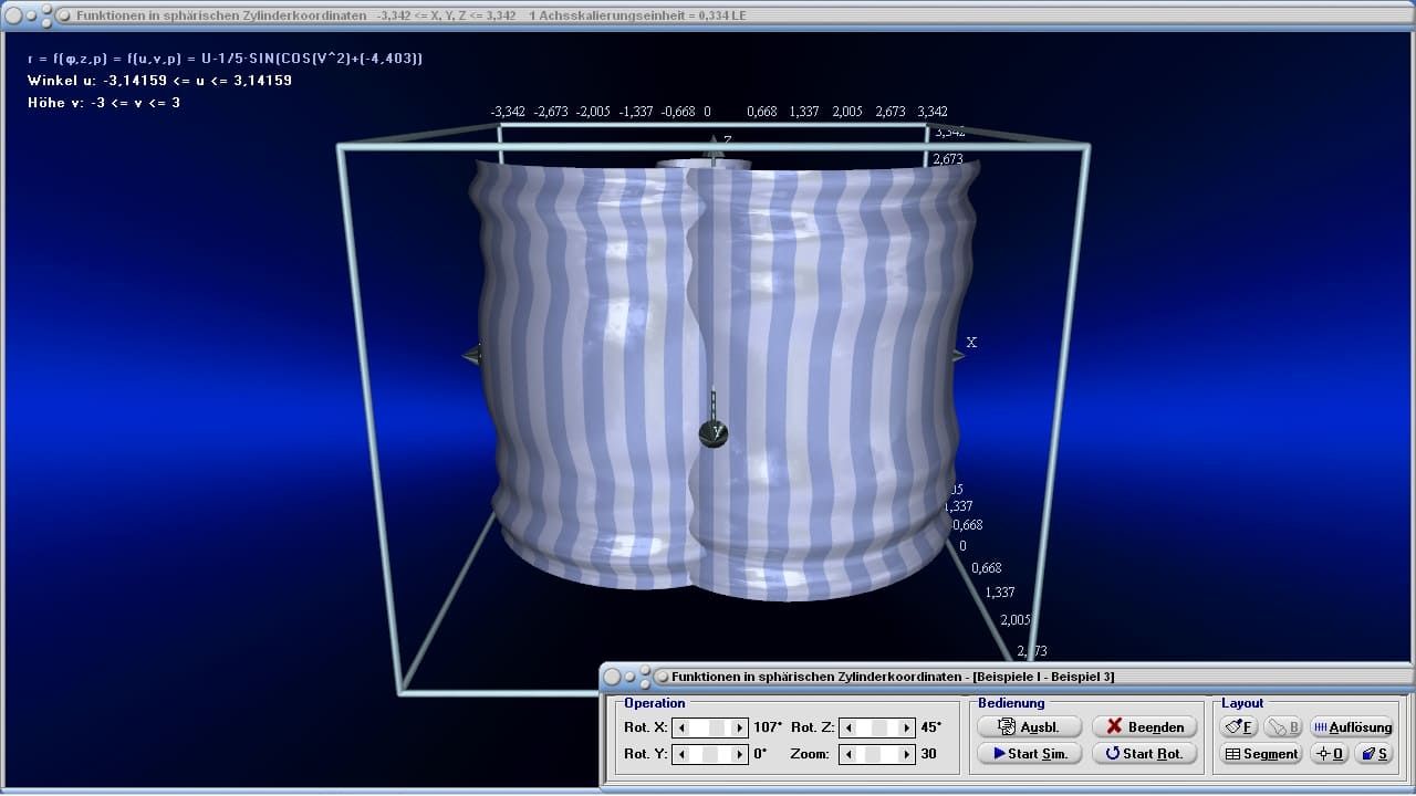 Funktionen in sphärischen Zylinderkoordinaten - Bild 1 - Zylinderkoordinaten - Funktionen - Flächen - R3 - 3D-Funktionsplot - 3D-Flächen - Funktionen in Zylinderkoordinaten - Bild - Darstellen - Plotten - Graph - Grafik - Zeichnen - Plotter - Rechner