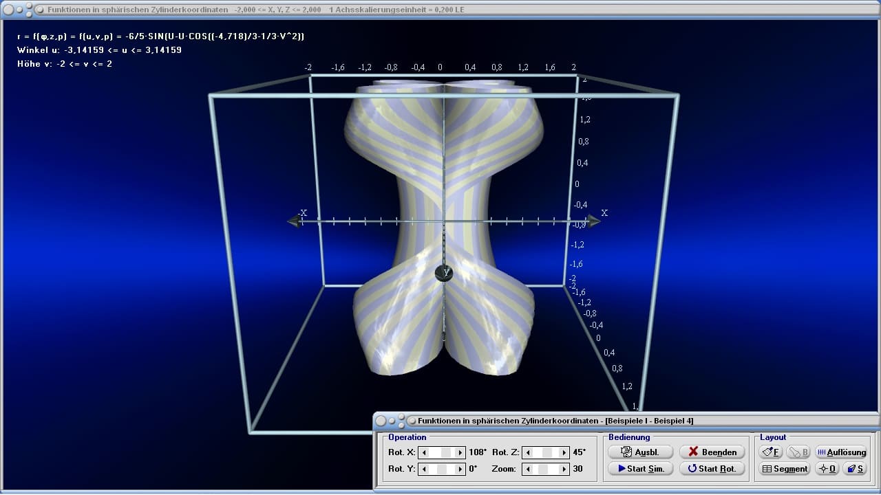 Funktionen in sphärischen Zylinderkoordinaten - Bild 2 - Zylindrisches Koordinatensystem - Zylindrische Koordinaten - Zylinder - Koordinatensystem - Flächen - Zylinderkoordinatensystem - Krummlinig - Koordinaten - Bild - Darstellen - Plotten - Graph - Grafik - Zeichnen - Plotter