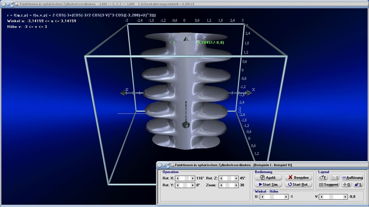Funktionen in sphärischen Zylinderkoordinaten - Bild 6 - Zylindrische Koordinaten - Zylinder - Koordinaten - Koordinatensystem - Flächen - Zylinderkoordinatensystem - Polare Koordinaten - Zylindrisches Koordinatensystem - Darstellung - Gebilde - Krummlinige Koordinaten - Euklidischer Raum - Flächenelement - Volumenelement - Dreidimensional - Rotation - Bild - Darstellen - Plotten - Graph - Zeichnen - Plotter