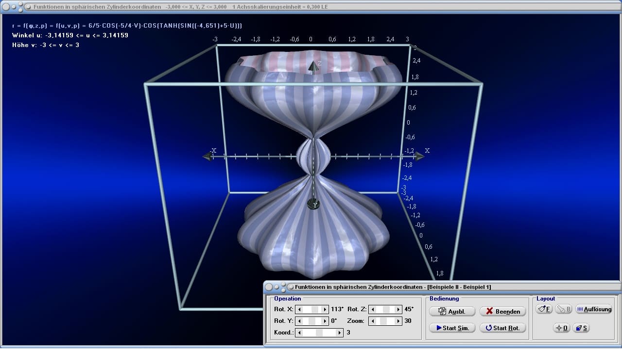 Funktionen in sphärischen Zylinderkoordinaten - Bild 5 - Zylinderkoordinaten - Funktionen - Flächen - R3 - 3D-Funktionsplot - 3D-Flächen - Funktionen in Zylinderkoordinaten - Bild - Darstellen - Plotten - Graph - Grafik - Zeichnen - Plotter - Rechner