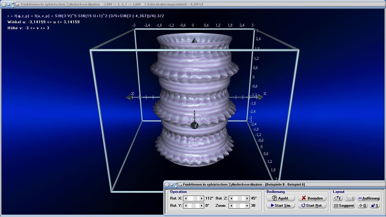 Funktionen in sphärischen Zylinderkoordinaten - Bild 4 - Zylinderkoordinaten - Flächen - Berechnen - Graph - Bilder - Darstellung - Eigenschaften - Berechnung - Darstellen - Formel - Rechner - Plot - Graphen - Grafisch - Fläche - Plotten - Transformation - Polarkoordinaten - 3D - Polarkoordinatendarstellung - Simulation - Grafik - Zeichnen - Plotter