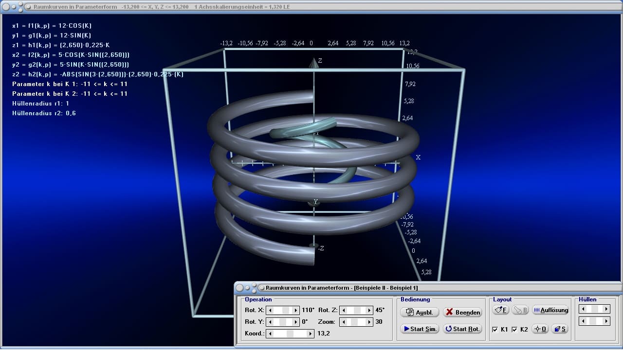 Raumkurven in Parameterform - Bild 5 - Raumkurven - Kurven im Raum - Parametrische Kurven - Raum - Parameterkurve - Räumliche Kurven - Bogenlänge - Bahnkurven - Bilder - Darstellung - Plotter - Graph - Zeichnen - Rechner - Darstellen - 3D-Darstellung von Kurven