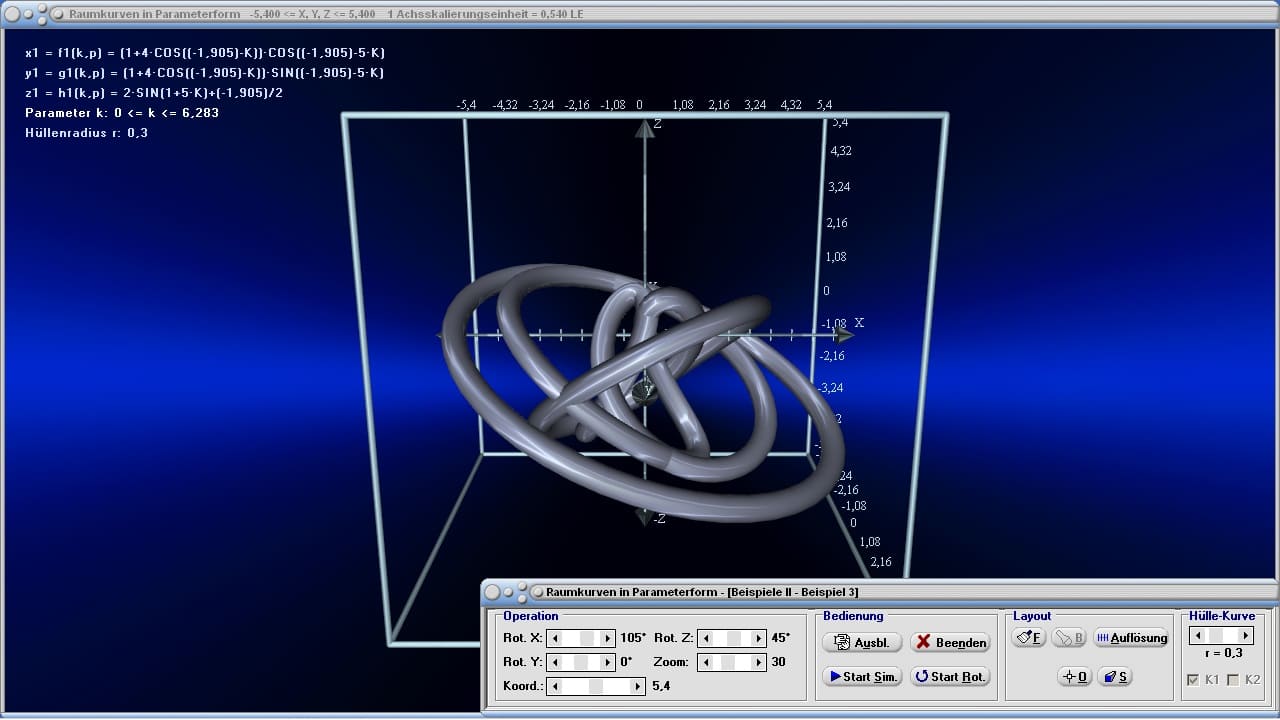 Raumkurven in Parameterform - Bild 7 - Raumkurven - Kurven im Raum - Parametrische Kurven - Raum - Parameterkurve - Räumliche Kurven - Bogenlänge - Bahnkurven - Bilder - Darstellung - Plotter - Graph - Zeichnen - Rechner - Darstellen - 3D-Darstellung von Kurven