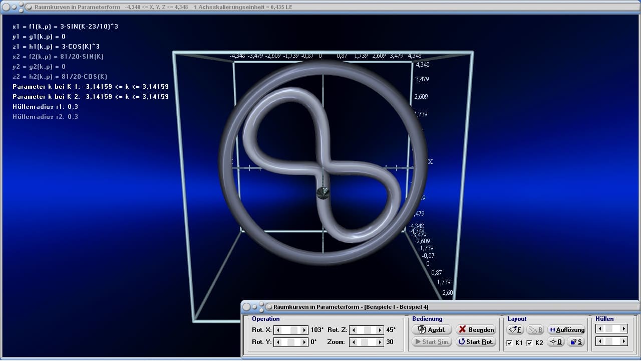 Raumkurven in Parameterform - Bild 1 - Kurven im Raum - 3D-Kurven - 3D-Kurve plotten - 3D-Kurve zeichnen - R3 - Raumkurve - Parameterdarstellung - 3D-Plotter - Dreidimensional - 3D - Plotten von Raumkurven - Grafik - Zeichnen - Plotter