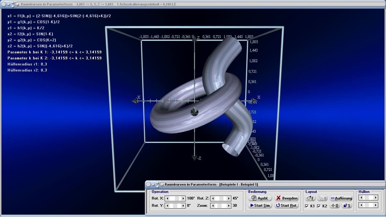 Raumkurven in Parameterform - Bild 2 - Berechnen - Rotierendes System - Drehendes System - Graphen zeichnen - Funktionen - x =f(k), y = g(k), z = h(k) - 3D-Grafik - Raumkurven - Kurven im   Raum - Parametrische Kurven - Raum - Parameterkurve - 3D-Koordinatensystem - 3D-Spirale - Spiralbahn - 3D-Bilder - Helix - Grafik - Zeichnen - Plotter