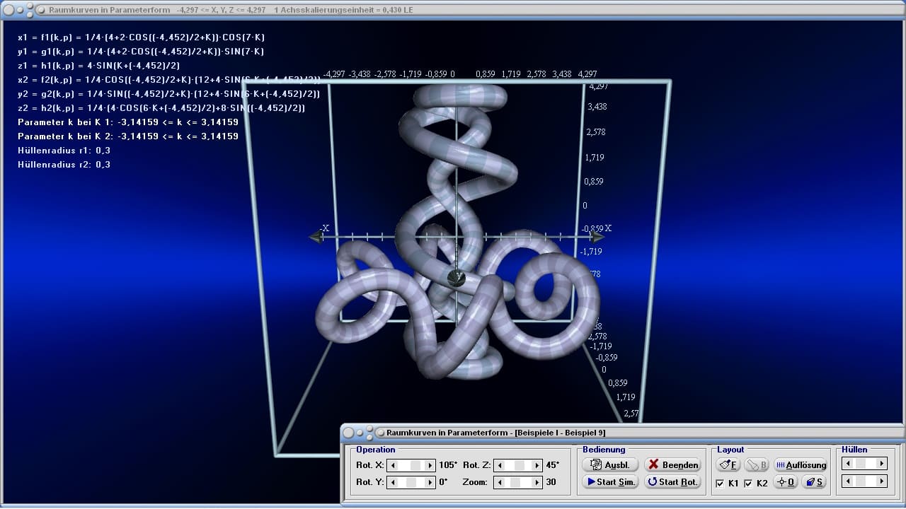 Raumkurven in Parameterform - Bild 4 - Lissajou-Figuren im Raum - Knoten - Parametrisierte Kurve - Kegelförmige Spirale - Dreidimensionale Kurven - Berechnen - Dreidimensionale Darstellung von Funktionen - Plot - Bild - Dreidimensionale Spiralen - Parametrische Darstellung von Raumkurven - Grafik - Zeichnen - Plotter