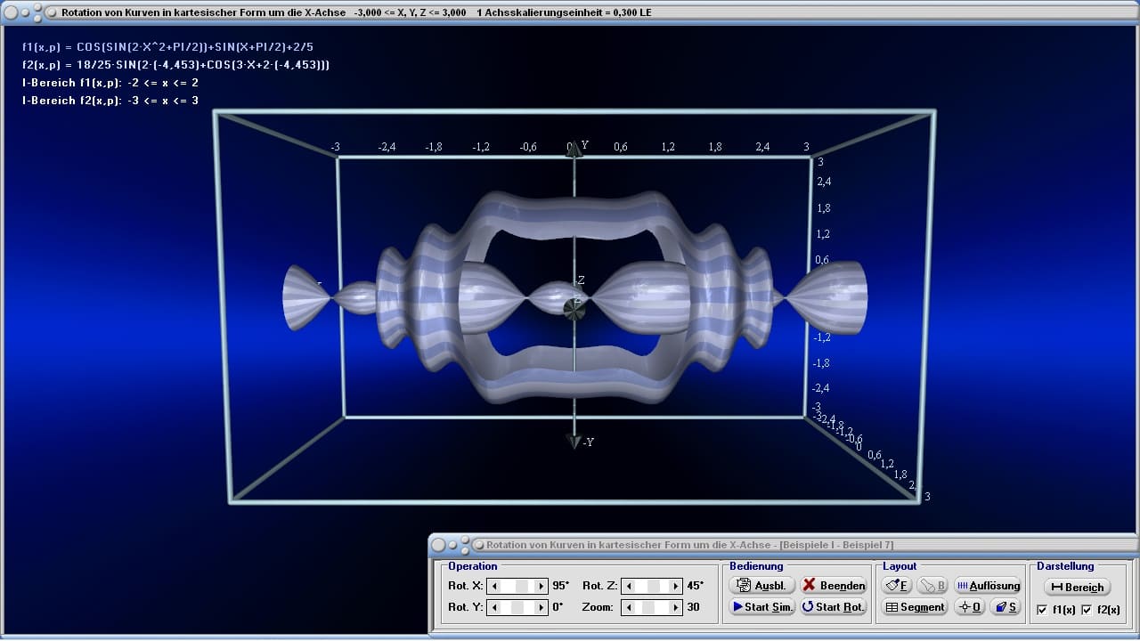 Rotation von Kurven in kartesischer Form um die X-Achse - Bild 1 - Rotationskörper - x-Achse - Drehkörper - Dreidimensional - 3D - Simulation - Rotation - Animation - Simulation - Integralrechnung - Rotationsintegral - Statisches Moment - Volumen - Rotationsvolumen - Mantelfläche - Mantel - Plotten - Graph - Grafisch - Bilder - Plot - Darstellung - Drehung - Drehachse - Plotter - Rechner - Berechnen