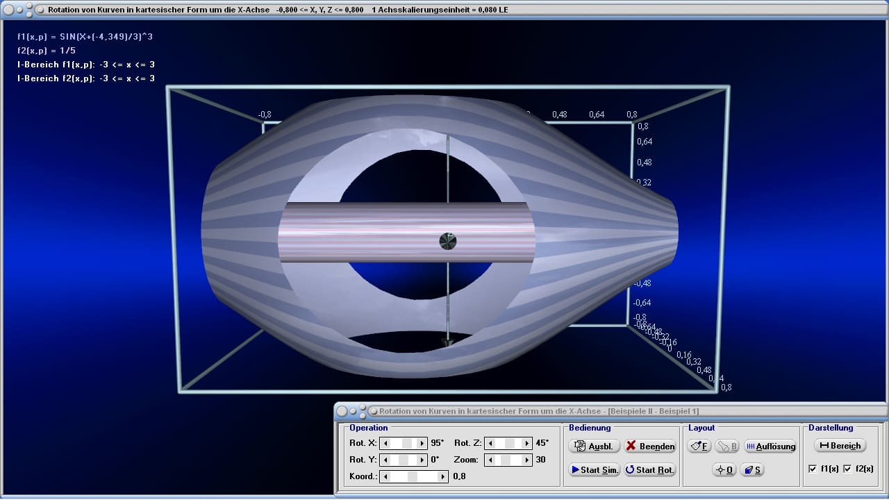 Rotation von Kurven in kartesischer Form um die X-Achse - Bild 3 - Rotationskörper - x-Achse - Radius - Mantelfläche - Bogenlänge - Schwerpunkt - Volumenschwerpunkt - Volumenintegral - Plotten - Bild - Darstellen - Plotten - Graph - Rechner - Berechnen - Grafik - Zeichnen - Plotter - Rotationsintegral