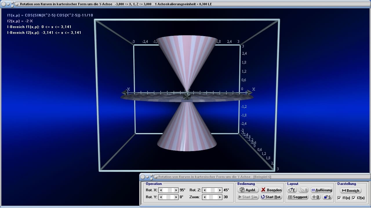 Rotation von Kurven in kartesischer Form um die Y-Achse - Bild 1 - Rotationskörper - y-Achse - Drehkörper - Dreidimensional - Simulation - Rotation - Animation - Simulation - Integralrechnung - Rotationsintegral - Statisches Moment - Volumen - Rotationsvolumen - Mantelfläche - Mantel - Grafisch - Bilder - Plot - Darstellung - Drehung - Drehachse - Plotter - Rechner - Berechnen