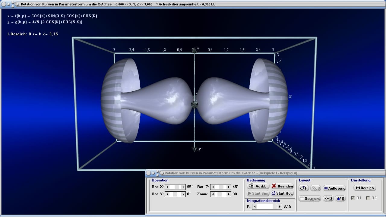 Rotation von Kurven in Parameterform um die X-Achse - Bild 1 - Rotierende Körper - Parameterform - Parameter - Animation - X-Achse - Volumen - Rotationskörper - Rotationsvolumen - Mantelfläche - Rotationsintegral - Rotationsfläche - Volumenintegral - Rotation um die x-Achse - Bogenlänge - Rauminhalt - Rotationssymmetrische Gebilde - Rechner - Berechnen - Beispiel - Grafik - Zeichnen - Darstellen - Darstellung 