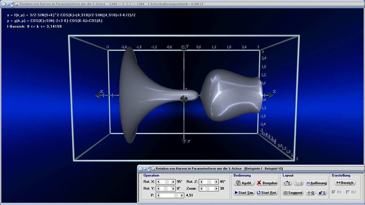 Rotation von Kurven in Parameterform um die X-Achse - Bild 2 - Rotationskörper - Parameterform - Parameter - x-Achse - Radius - Mantelfläche - Bogenlänge - Schwerpunkt - Volumenschwerpunkt - Volumenintegral - Bild - Darstellen - Plotten - Graph - Rechner - Berechnen - Grafik - Zeichnen - Plotter - Rotationsintegral