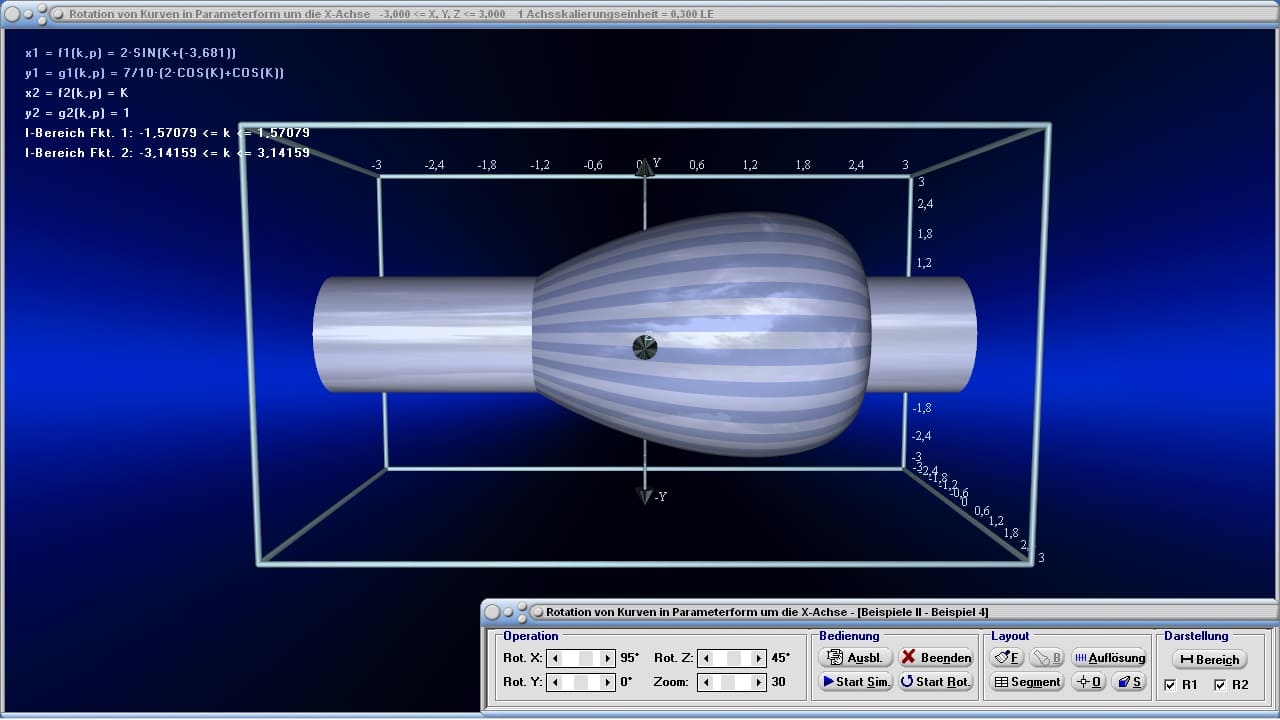 Rotation von Kurven in Parameterform um die X-Achse - Bild 3 - Rotation - Rotieren - Körper - x-Achse - Integral - Parameterform - Parameter - Drehen - Raum - Räumlich - Volumen - Präsentation - Integral - Volumen - Graph - Rechner - Berechnen - Grafik - Zeichnen - Plotter - Rotationsvolumen - 3D - Mantelfläche - Mantel - Darstellen - Drehachse 