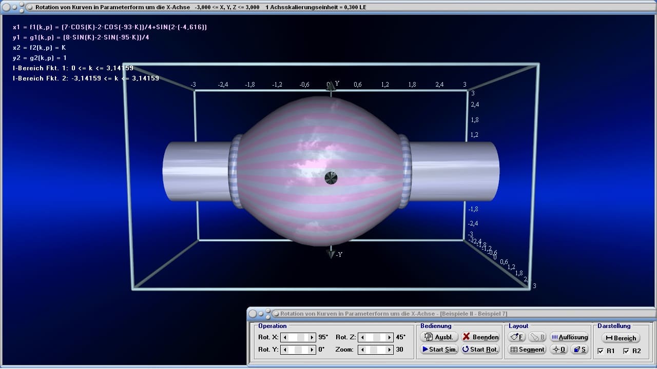 Rotation von Kurven in Parameterform um die X-Achse - Bild 4 - Rotationskörper - x-Achse - Parameterform - Parameter - Radius - Mantelfläche - Bogenlänge - Schwerpunkt - Volumenschwerpunkt - Volumenintegral - Darstellen - Plotten - Graph - Rechner - Berechnen - Zeichnen - Plotter - Rotationsintegral