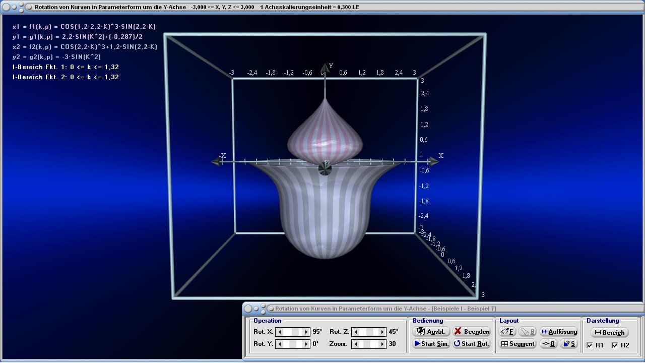 Rotation von Kurven in Parameterform um die Y-Achse - Bild 1 - Rotationskörper - y-Achse - Drehkörper - Dreidimensional - Simulation - Rotation - Animation - Integralrechnung - Rotationsintegral - Statisches Moment - Volumen - Rotationsvolumen - Mantelfläche - Mantel - Plotten - Graph - Grafisch - Bilder - Plot - Darstellung - Drehung - Drehachse - Plotter - Rechner - Berechnen