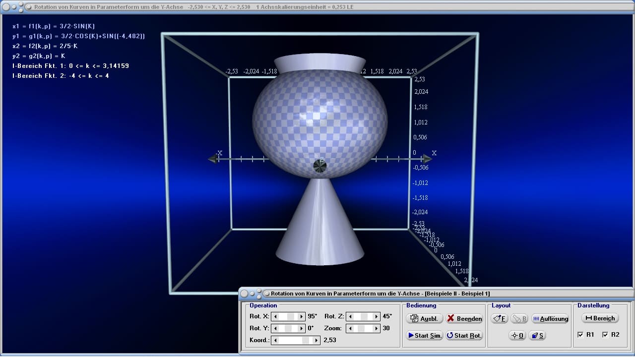 Rotation von Kurven in Parameterform um die Y-Achse - Bild 2 - y-Achse - Integral - Rotationskörper - Körper - Grafik - Raum - Räumlich - Rotation - Rotieren - Volumen - Parameter - Rotationssymmetrische Körper - Plot - Rechner - Berechnen