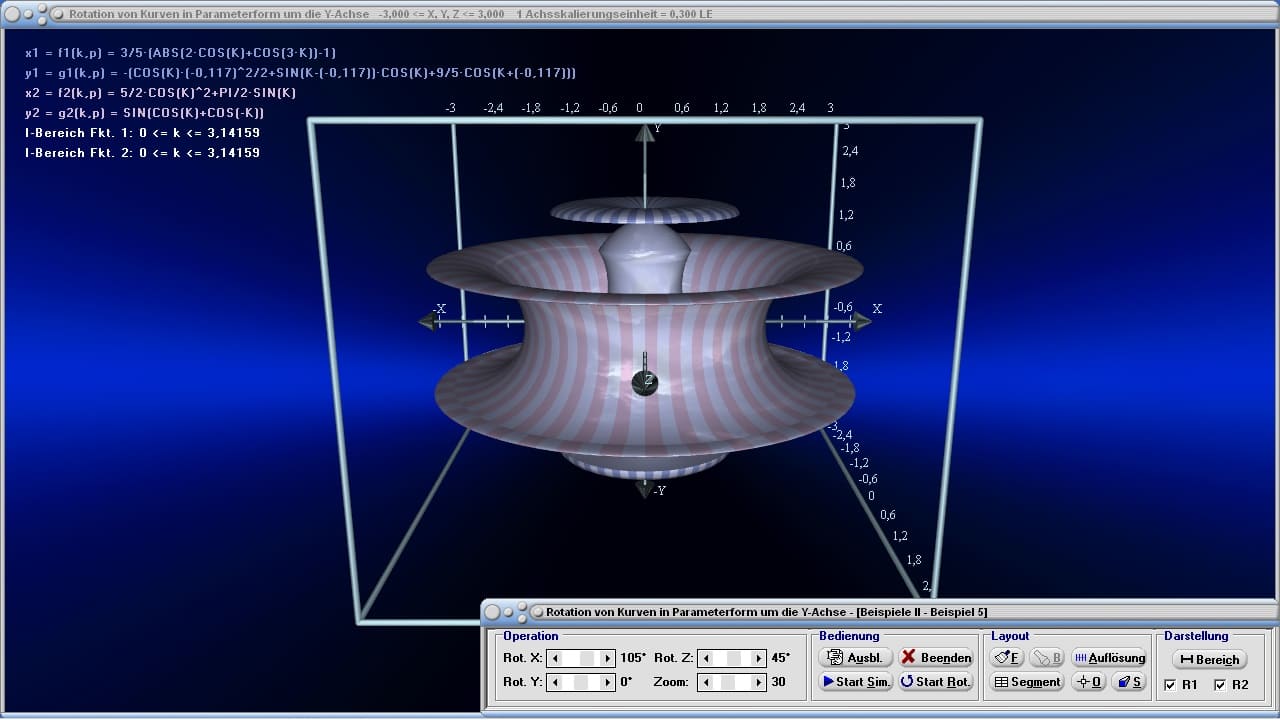 Rotation von Kurven in Parameterform um die Y-Achse - Bild 3 - Rotierende Körper - y-Achse - Parameterform - Parameter - Funktion - Integral - Integralrechnung - Volumen - Radius - Mantelfläche - Bogenlänge - Schwerpunkt - Volumenschwerpunkt - Volumenintegral - Bild - Darstellen - Plotten - Graph - Rechner - Berechnen - Grafik - Zeichnen - Plotter - Rotationsintegral