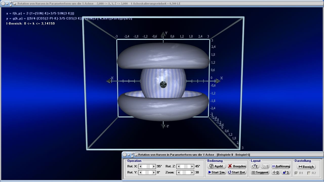 Rotation von Kurven in Parameterform um die Y-Achse - Bild 4 - Körper - y-Achse - Funktion - Parameterform - Parameter - Integralrechnung - Drehen - Raum - Räumlich - Rotation - Rotieren - Volumen - Integral - Volumen - Graph - Rechner - Berechnen - Grafik - Zeichnen - Plotter - 3D - Mantelfläche - Mantel - Darstellen - Drehachse 