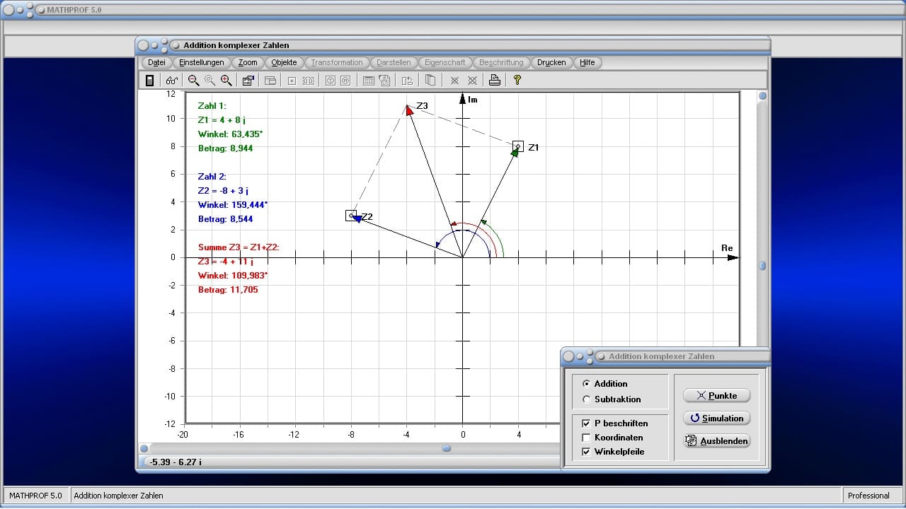 Addition komplexer Zahlen - Zeigerdiagramm zum Addieren komplexer Zahlen - Rechnen mit komplexen Zahlen - Komplexe Zahlen - Addieren - Summe komplexer Zahlen - Bild - Darstellen - Plotten - Graph - Rechner - Berechnen - Grafik - Zeichnen - Plotter