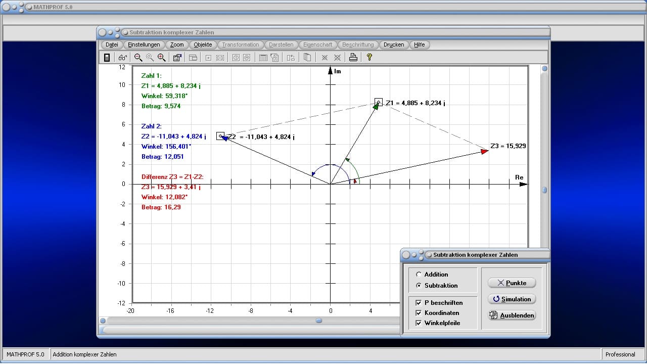 Subtraktion komplexer Zahlen - Zeigerdiagramm zum Subtrahieren komplexer Zahlen - Rechnen mit komplexen Zahlen - Komplexe Zahlen - Subtrahieren - Subtraktion - Bild - Darstellen - Plotten - Graph - Rechner - Berechnen - Grafik - Zeichnen - Plotter