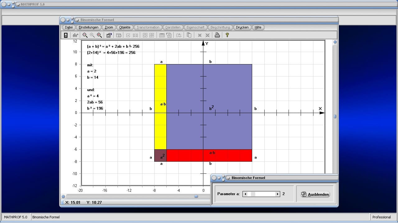 Binomische Formel - Bild 2 - Binome - Binomische Formeln - Quadratische Terme - 1. binomische Formel - 2. binomische Formel - Quadrat - Fläche - Bilder - Darstellung - Berechnen - Plotten - Plotter - Berechnung - Darstellen - Zeichnen - Graph - Grafisch - Lösen - Rechner