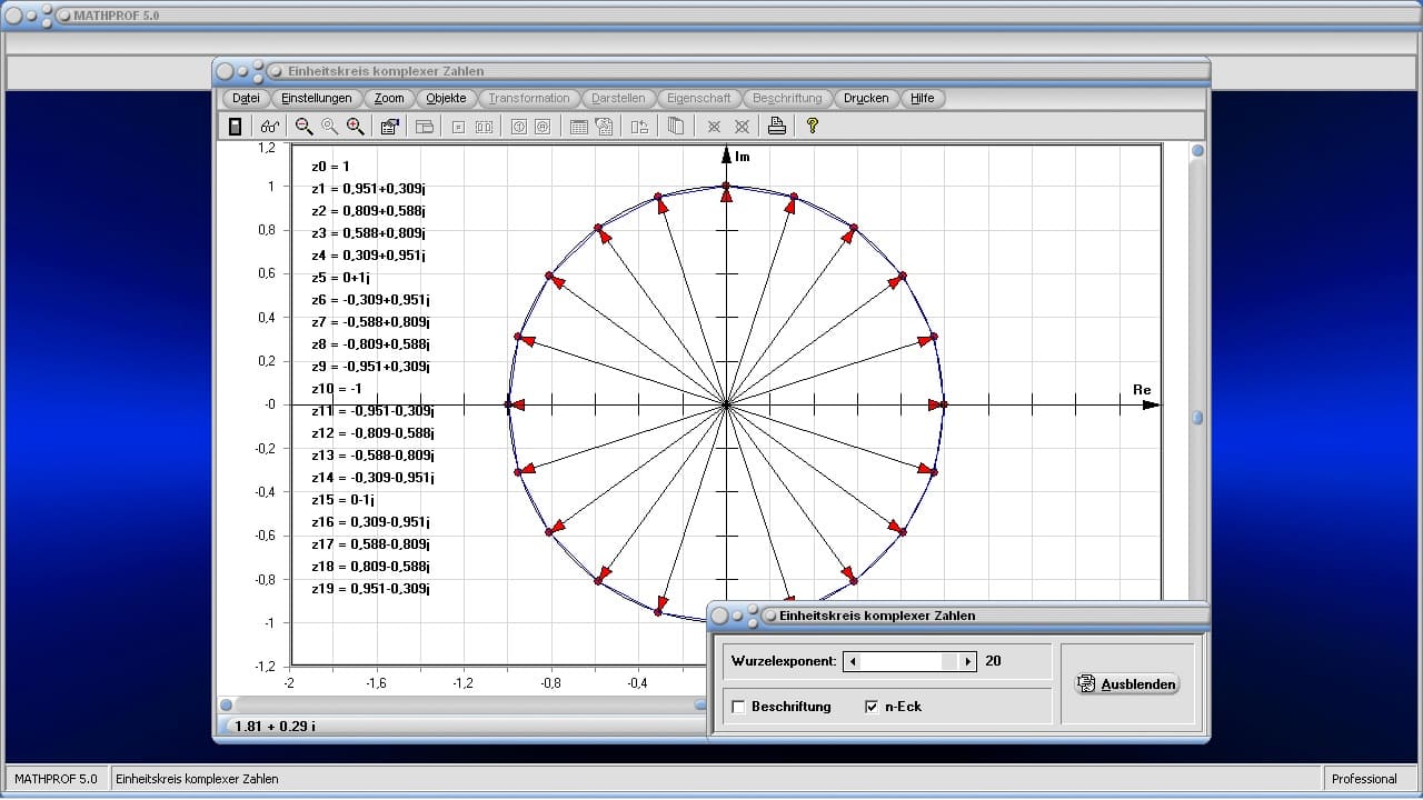Einheitskreis komplexer Zahlen - Bild 2 - Gaußsche Zahlenebene - Komplexe Zahlenebene - Einheitskreis - Komplexe Zahlen - Komplexe Einheitswurzel - Grafisch - Bilder - Rechner - Definition - Präsentation - Darstellung - Quadrant - Plotter - Grafik - Berechnung - Berechnen - Einheitswurzel - Zeichnen - Kreis - Realteil - Imaginärteil - Imaginäre Zahlen - Rechner - Zeichnen - Darstellen - Graph - Plotten